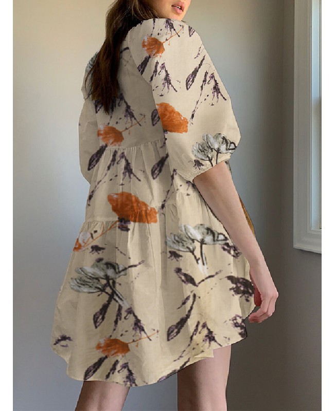 Floral Print Round Neck Puff Sleeve Pleated Tiered Holiday Casual Mini Dress - Apricot S
