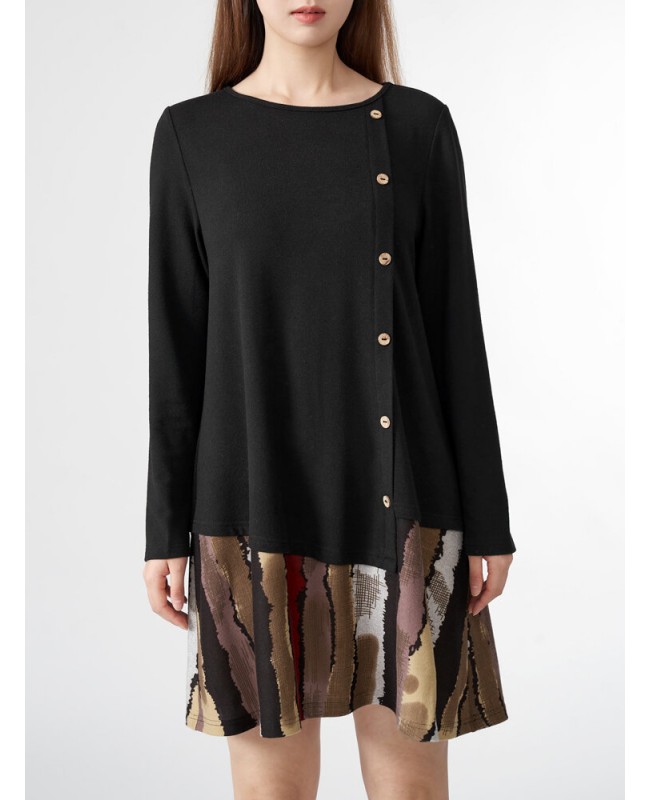 Stitch Hem Button Front Long Sleeve Crew Neck Dress - Black S