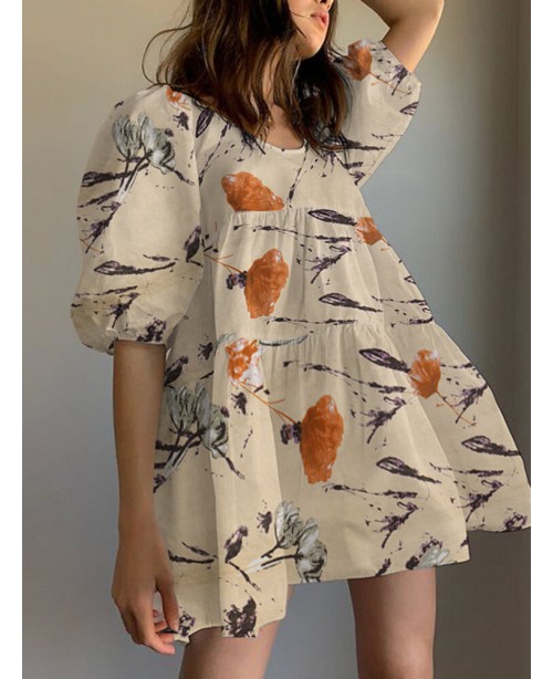Floral Print Round Neck Puff Sleeve Pleated Tiered...