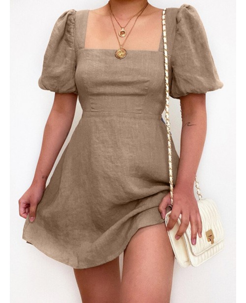Casual Plain Square Neck Puff Sleeve A-line Mini D...