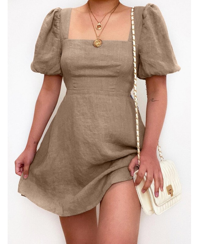 Casual Plain Square Neck Puff Sleeve A-line Mini Dress - Black M