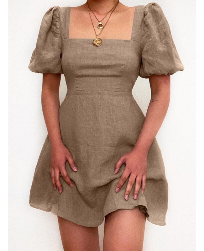 Casual Plain Square Neck Puff Sleeve A-line Mini Dress - Black M