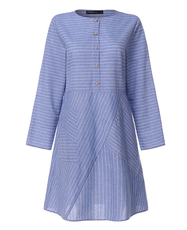 Women Striped Printed Buttoned Down Pockets Dress - Black S