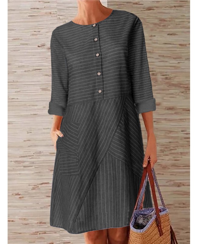 Women Striped Printed Buttoned Down Pockets Dress - Black S