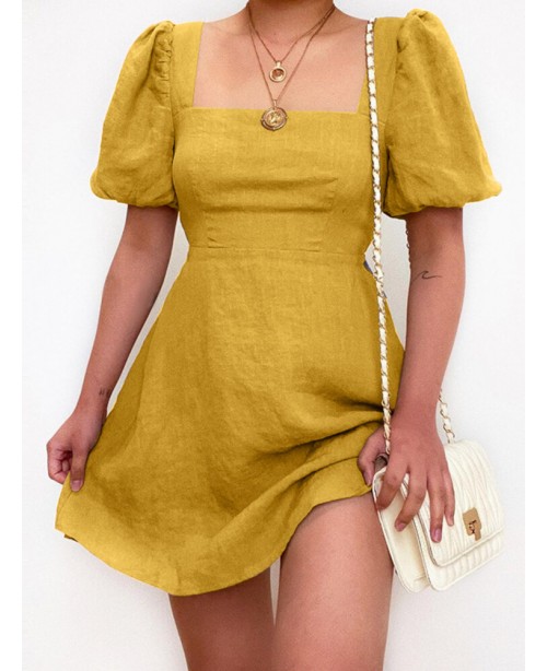 Casual Plain Square Neck Puff Sleeve A-line Mini D...