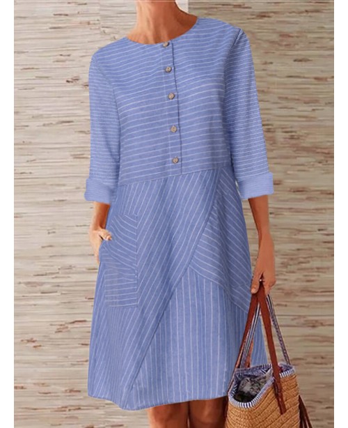 Women Striped Printed Buttoned Down Pockets Dress ...