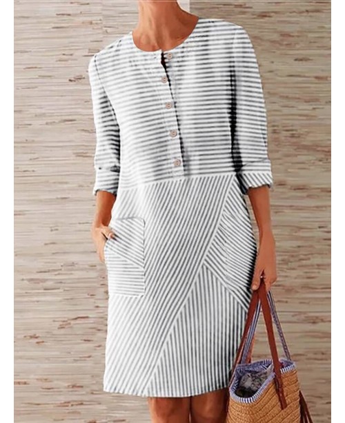 Women Striped Printed Buttoned Down Pockets Dress ...