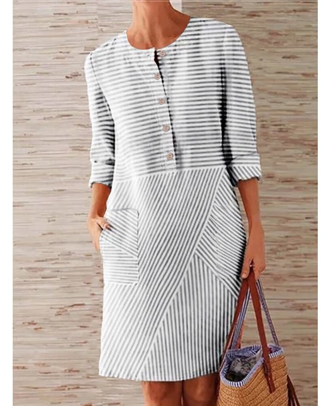 Women Striped Printed Buttoned Down Pockets Dress - Black S