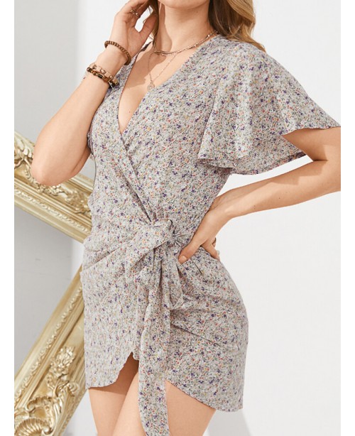 Daily Casual Floral Wrapped Body Tie V-neck Short ...