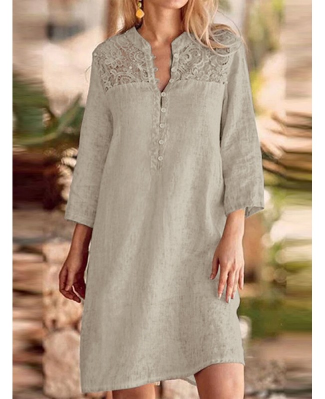Lace Stitch 3/4 Sleeve Stand Collar Casual Dress - Dark Blue S