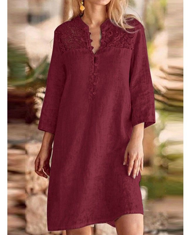 Lace Stitch 3/4 Sleeve Stand Collar Casual Dress - Dark Blue S