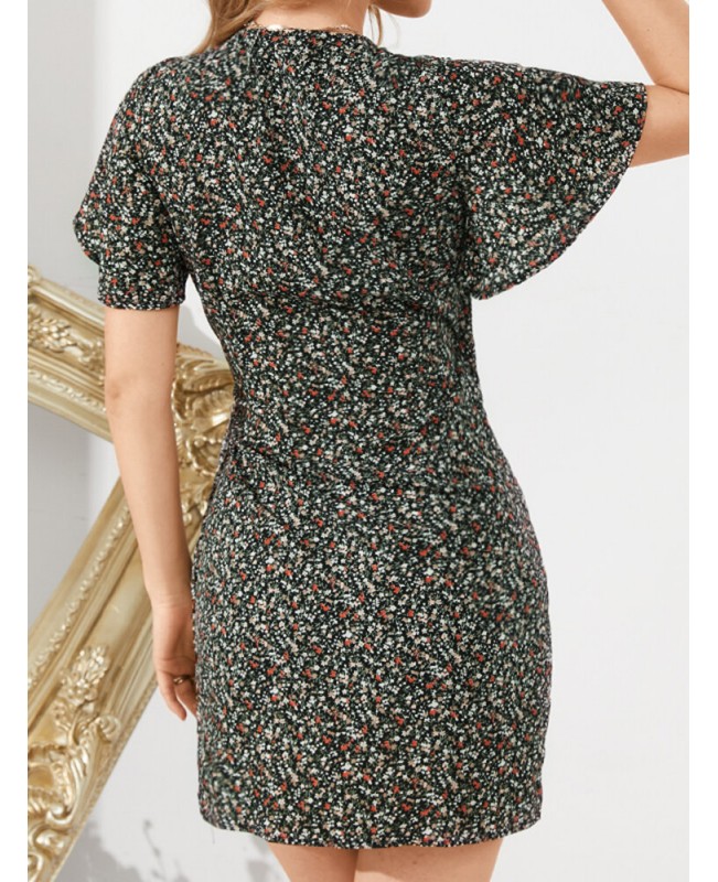 Daily Casual Floral Wrapped Body Tie V-neck Short Printed Mini Dress - Black 4XL