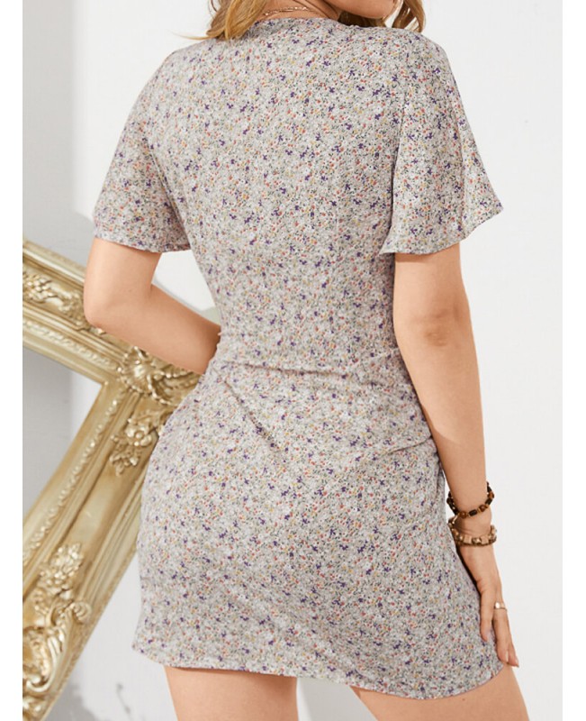 Daily Casual Floral Wrapped Body Tie V-neck Short Printed Mini Dress - Black 4XL