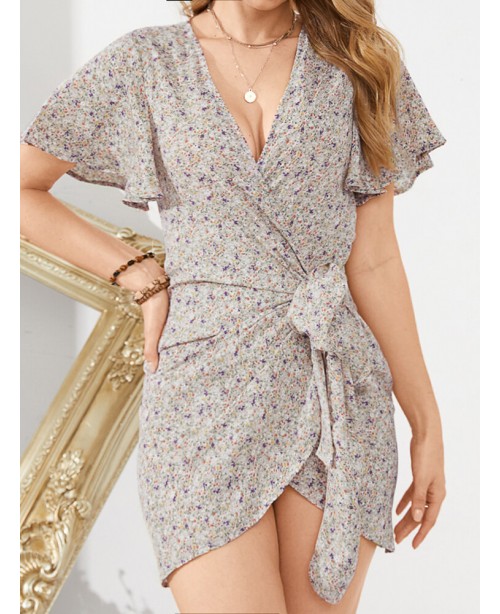 Daily Casual Floral Wrapped Body Tie V-neck Short ...