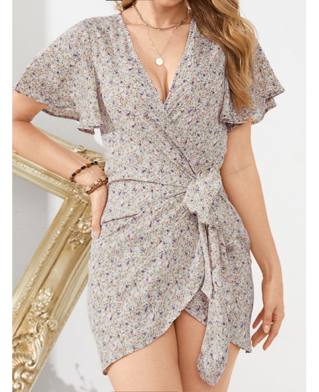 Daily Casual Floral Wrapped Body Tie V-neck Short Printed Mini Dress - Black 4XL