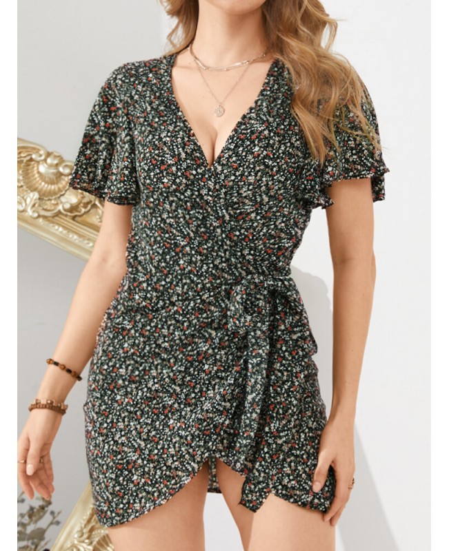 Daily Casual Floral Wrapped Body Tie V-neck Short Printed Mini Dress - Black 4XL
