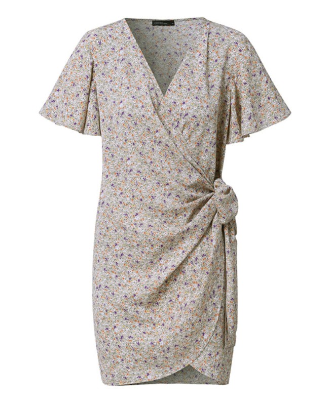 Daily Casual Floral Wrapped Body Tie V-neck Short Printed Mini Dress - Black 4XL