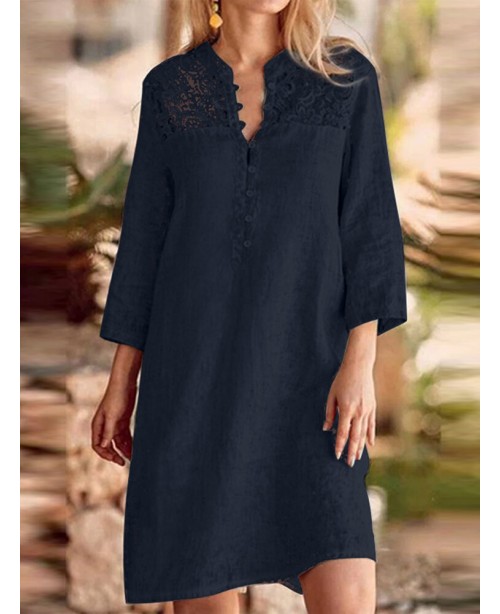 Lace Stitch 3/4 Sleeve Stand Collar Casual Dress -...