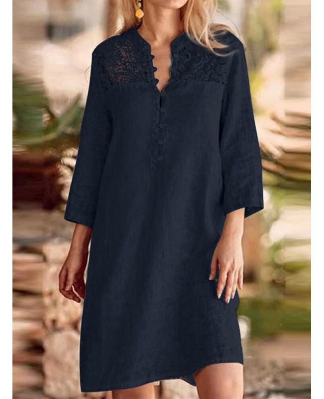 Lace Stitch 3/4 Sleeve Stand Collar Casual Dress - Dark Blue S