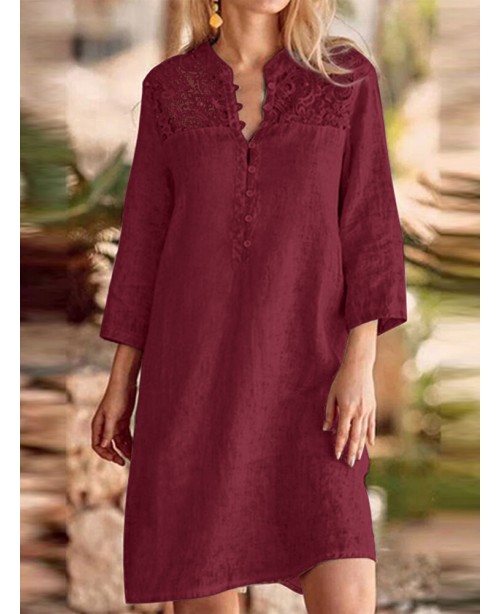 Lace Stitch 3/4 Sleeve Stand Collar Casual Dress -...