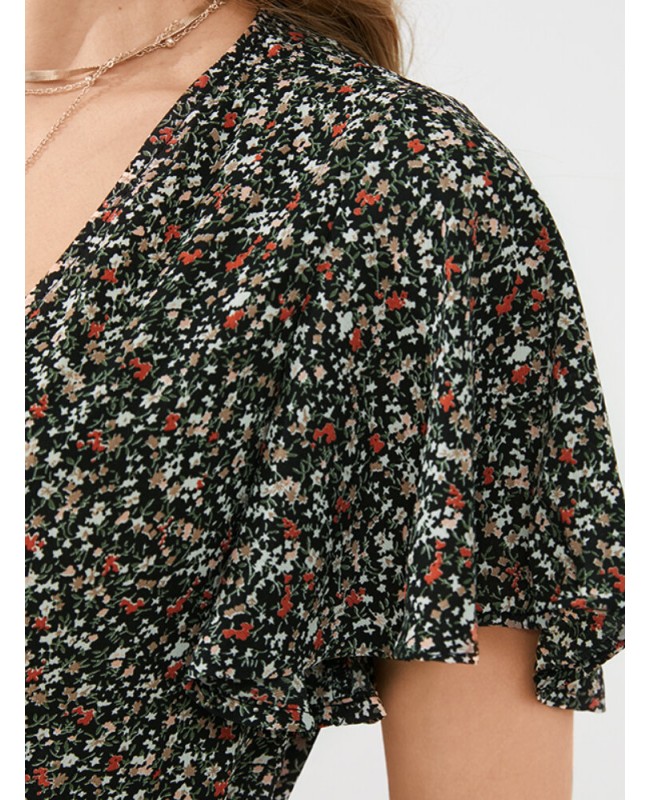 Daily Casual Floral Wrapped Body Tie V-neck Short Printed Mini Dress - Black 4XL