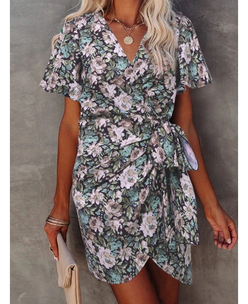 Vintage Flower Print Wrap Body Tie V-neck Short Mi...