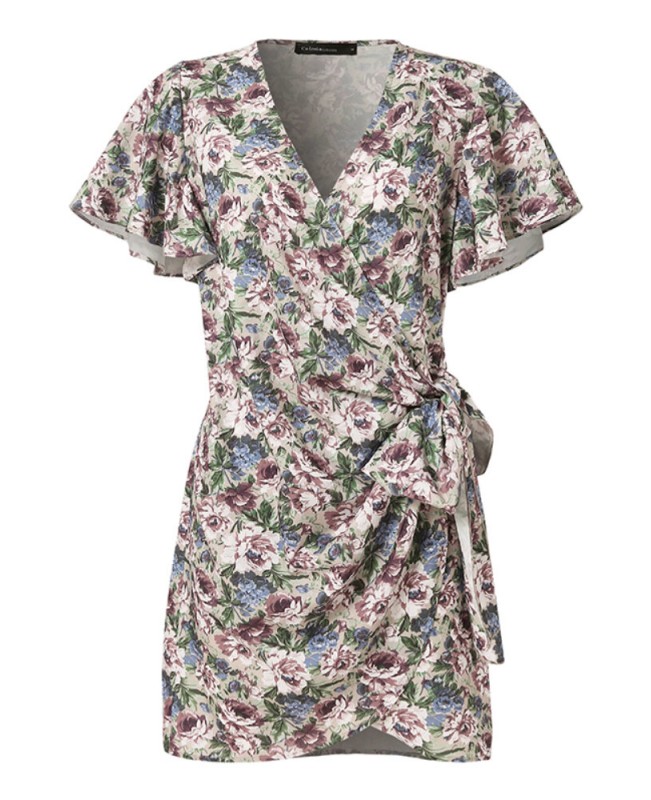 Vintage Flower Print Wrap Body Tie V-neck Short Mini Dress - Black S