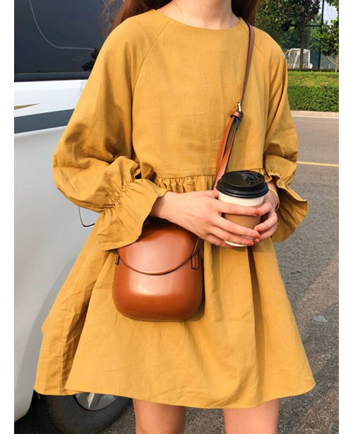 Women Solid Round Neck Long Sleeve Yellow Pleated ...