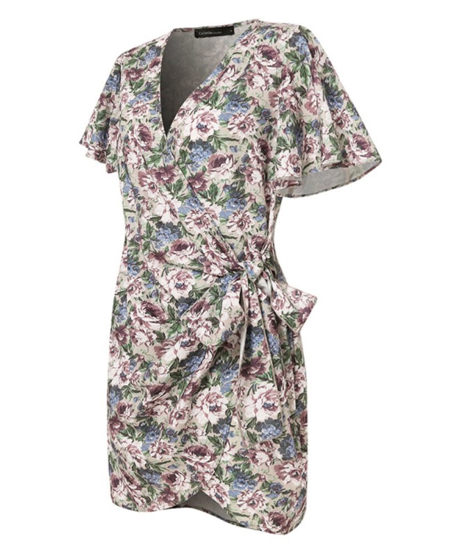 Vintage Flower Print Wrap Body Tie V-neck Short Mini Dress - Black S
