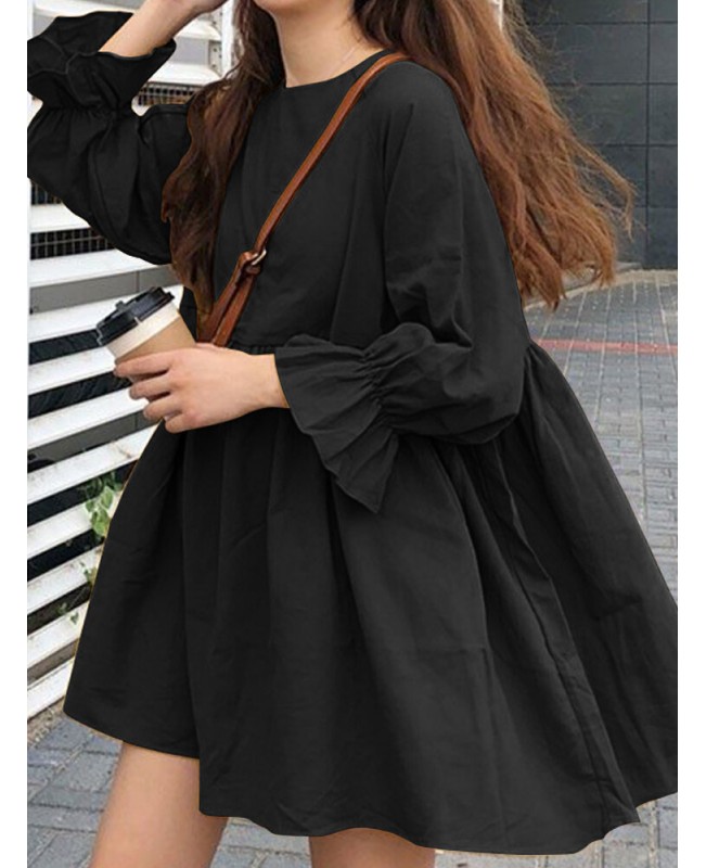 Women Solid Round Neck Long Sleeve Yellow Pleated Mini Dress - Black S