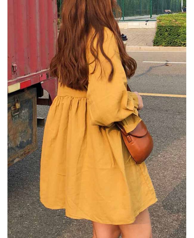 Women Solid Round Neck Long Sleeve Yellow Pleated Mini Dress - Black S