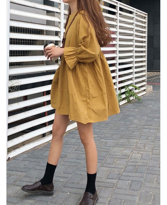 Women Solid Round Neck Long Sleeve Yellow Pleated Mini Dress - Black S