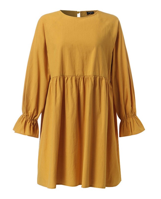 Women Solid Round Neck Long Sleeve Yellow Pleated Mini Dress - Black S