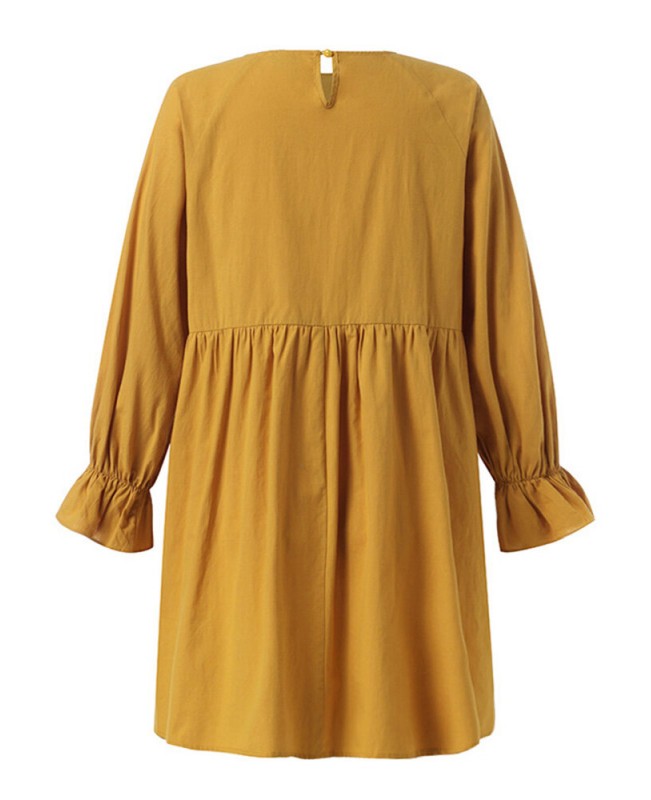 Women Solid Round Neck Long Sleeve Yellow Pleated Mini Dress - Black S