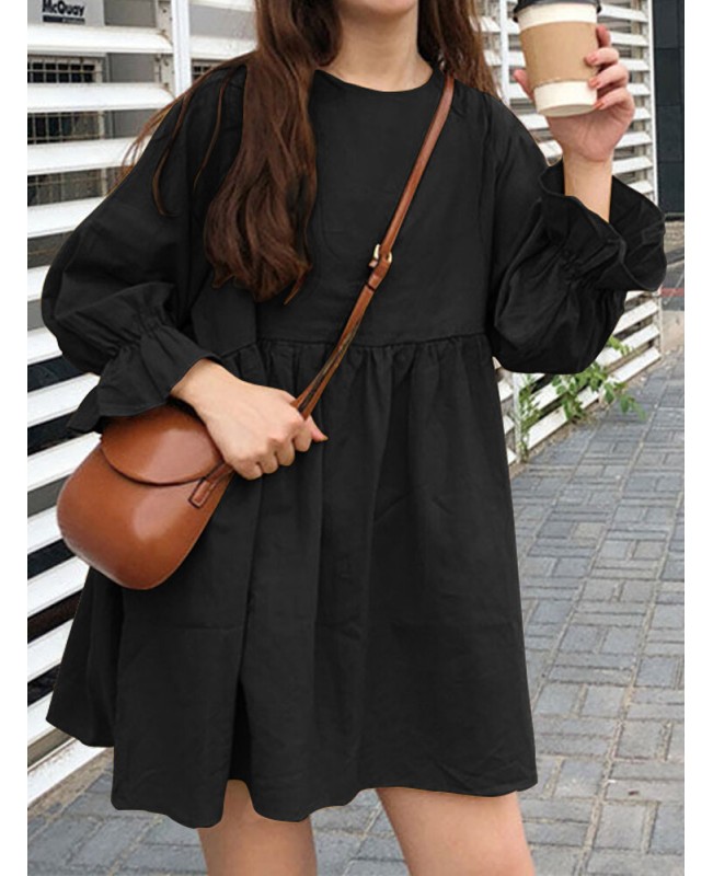 Women Solid Round Neck Long Sleeve Yellow Pleated Mini Dress - Black S