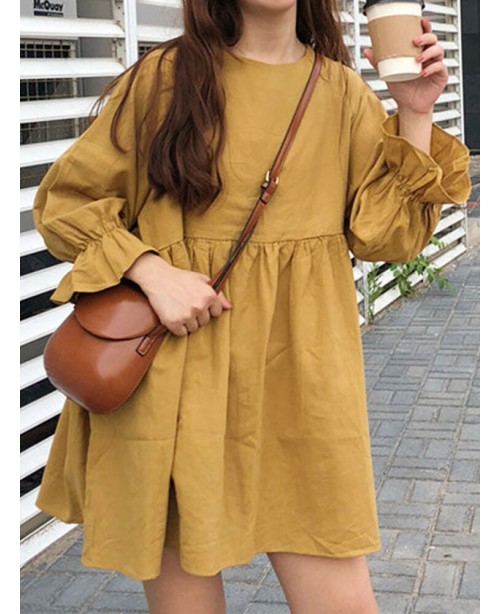 Women Solid Round Neck Long Sleeve Yellow Pleated ...