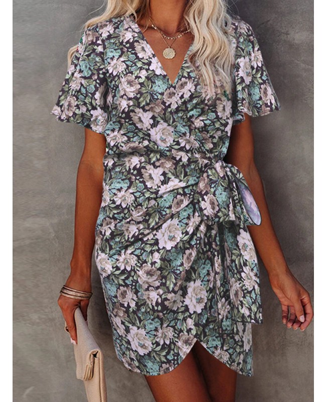 Vintage Flower Print Wrap Body Tie V-neck Short Mini Dress - Black S