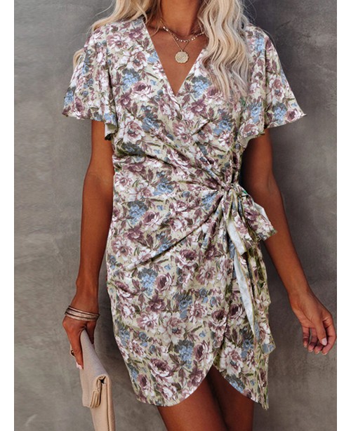 Vintage Flower Print Wrap Body Tie V-neck Short Mi...