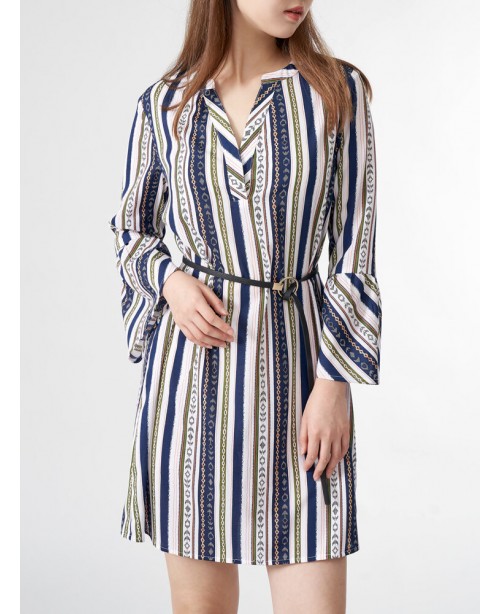 Tribal Pattern Bell Sleeve V-neck Dress For Women ...