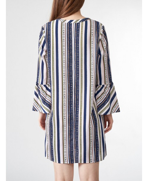 Tribal Pattern Bell Sleeve V-neck Dress For Women ...