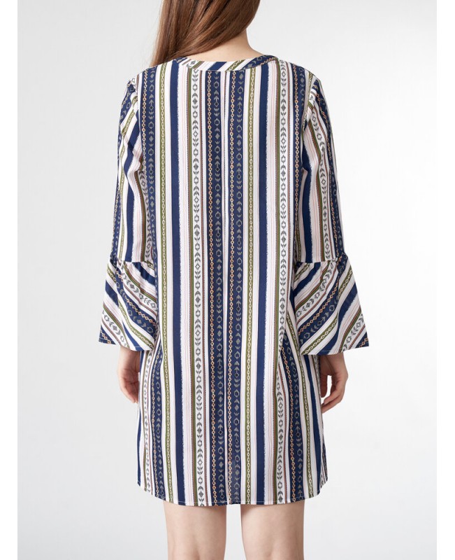 Tribal Pattern Bell Sleeve V-neck Dress For Women - Navy S