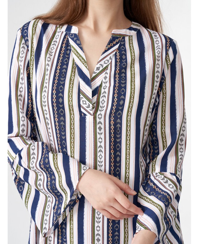 Tribal Pattern Bell Sleeve V-neck Dress For Women - Navy S