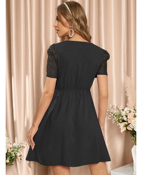 Plain V-Neck Puff Sleeve Splice Mini Dress - Black...