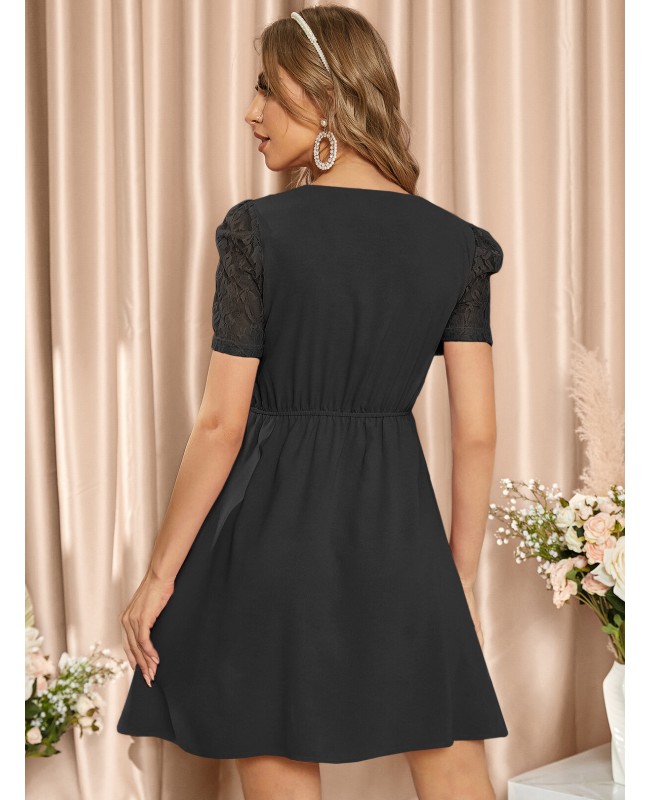 Plain V-Neck Puff Sleeve Splice Mini Dress - Black XS