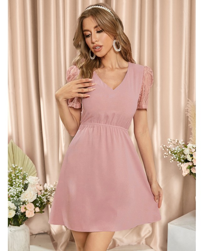Plain V-Neck Puff Sleeve Splice Mini Dress - Black XS
