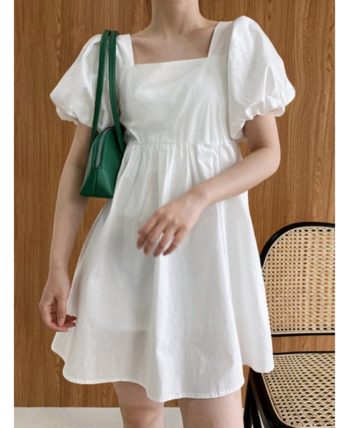 Puff Sleeve Square Collar Solid Short Princess Cas...