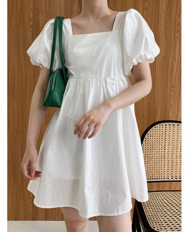 Puff Sleeve Square Collar Solid Short Princess Casual Dress For Women - White S