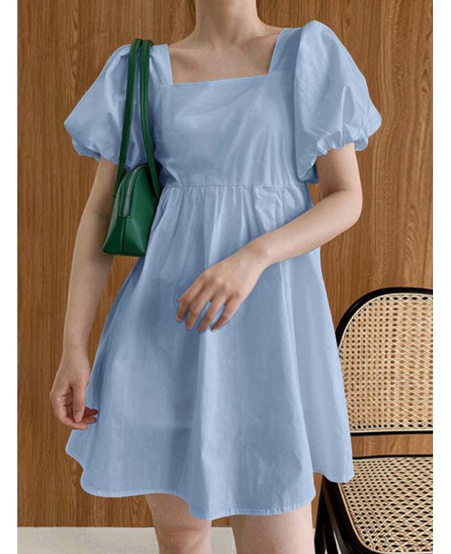 Puff Sleeve Square Collar Solid Short Princess Casual Dress For Women - White S