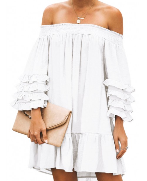 Off Shoulder Pleats Solid Casual Mini Dresses For ...