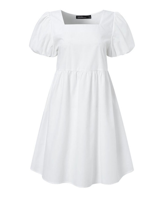 Puff Sleeve Square Collar Solid Short Princess Casual Dress For Women - White S